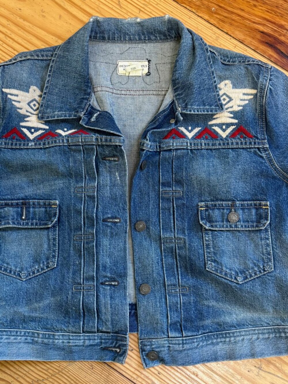Denim & Supply Crop Denim Jacket with Native Indian Stitching